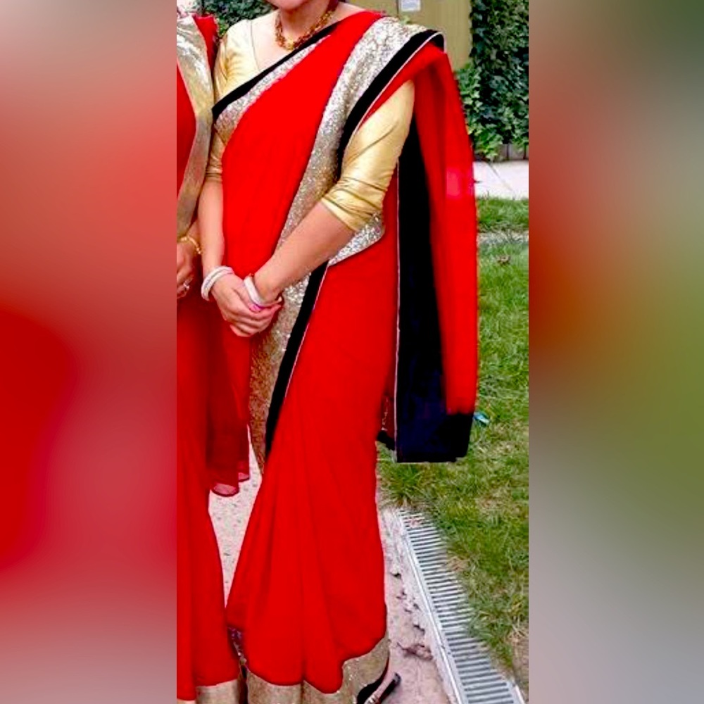 Elegant Red Georgette and Gold Sari.